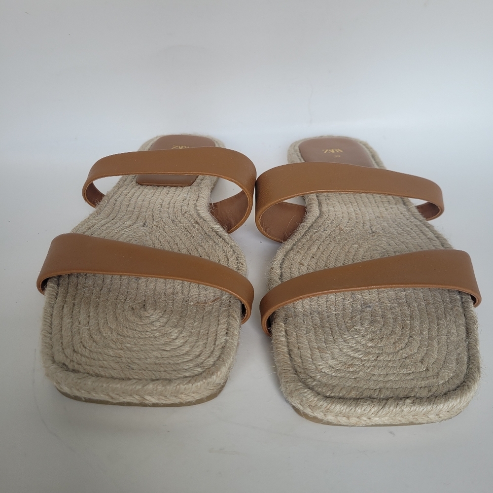 Zara Leather & Jute Flat Slide Sandals in Tan size 8.5 Boho - Picture 5 of 8